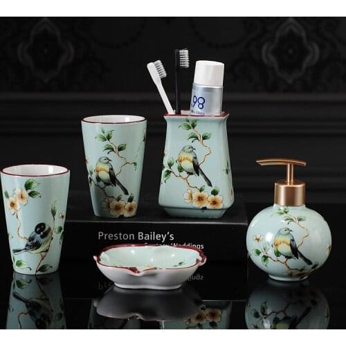 Bathroom Set Ceramic Liquid Soap Dispenser/Dish Toothbrush Holder Gargle Cup 5 Piece Flower & Bird Wedding Gift Birthday Present