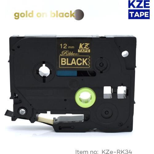 12mm*4m Tze-RK34 Gold on Black TZe Satin Ribbon Label Tape for Brother P-touch ribbon printer tz-RK34 tze RK34 TZ-RK34 tze tape