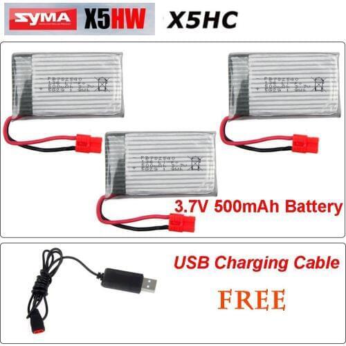 3pcs * 3.7V 500mAh Li-Po Batteries For Syma X5HC X5HW X5HC-1 X5HW-1 RC Quadcopter + Free USB Charger