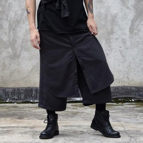Men Fake 2 Piece Splice Loose Wide Leg Casual Pants Male Japan Streetwear Hip Hop Gothic Punk Harem Trousers Kimono Skirts Pants