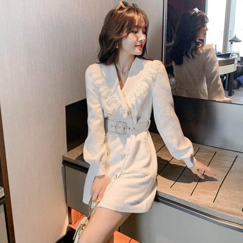 New 2020 V-neck Women Autumn Winter Double-breasted Lace patchwork Knee-Length white Dresses Ladies Party Elegant Dress Vestidos