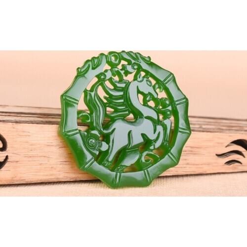 Natural Green Jade Horse Pendant Necklace Chinese Jewelry Double-Sided Hollow Out Carved Fashion Charm Amulet for Men Women Gift
