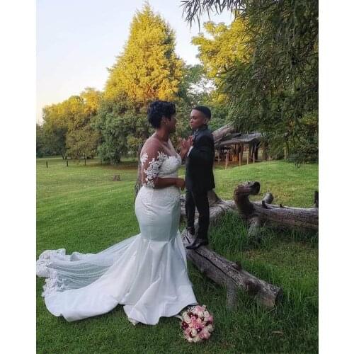 Beads Applique Mermaid African Wedding Dresses 2023 Sheer Half Sleeves Plus Size Bridal Dress Sexy Wedding Gowns Vestidos