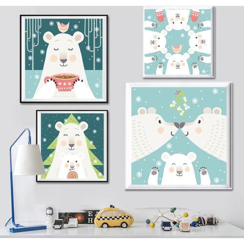 Nordic Contracted Home Living Room Decorates Children Room Animal Bear Christmas Gift Cartoon Hang Picture PosterCanvas Paintin