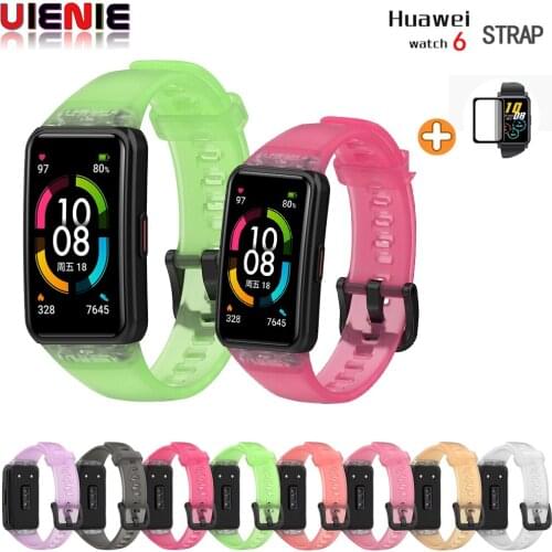 For Huawei Band 6 Transparent Soft Silicone Smart Sport Watchband + 2 pcs 3D Curved Full Edge Soft Protective Film Cover