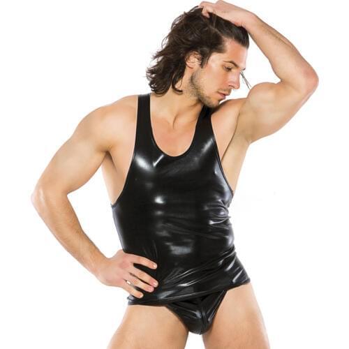 Sexy Men Wetlook Leather Lingerie Set Black Faux Leather Undershirt Sleeveless Tank and G-String Underwear Male Night Clubwear
