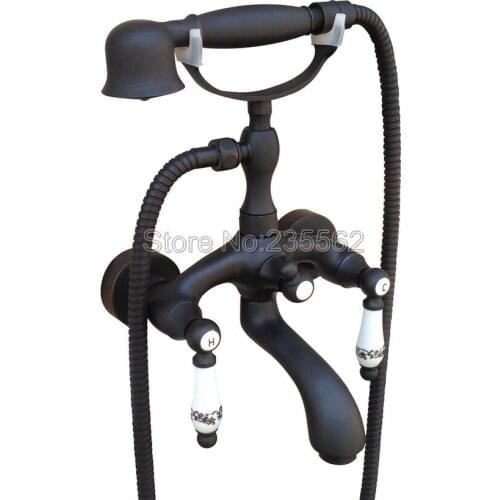 Black Oil Rubbed Wall Mounted Bathroom Shower Bathtub Faucet Set Dual Ceramic Handle Mixer Tap + Handheld Spray Shower ltf569