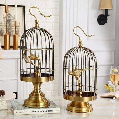 MODERN BIRD STANDING ON A BRANCH IN A BIRD CAGE STATUE HOME CRAFTS ROOM DECOR OBJECTS OFFICE GOLD METAL BIG CAGE SCULPTURE GIFT