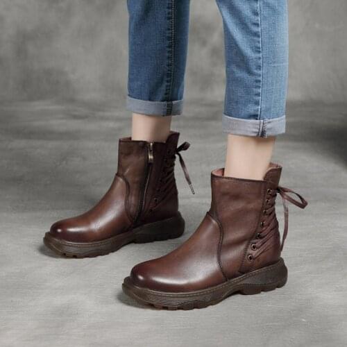 The First Layer of Cowhide Back Lace-up Single Boots Martin Boots Spring and Autumn New Short Boots Mid-heel Wedges Women Boots