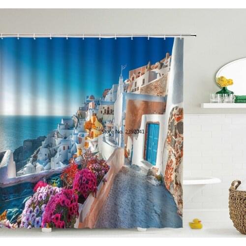Mediterranean Ocean Beach Shower Curtains Tropical Plants Sea Shell Bathroom Waterproof Polyester Home Bath Curtain With 12 Hook