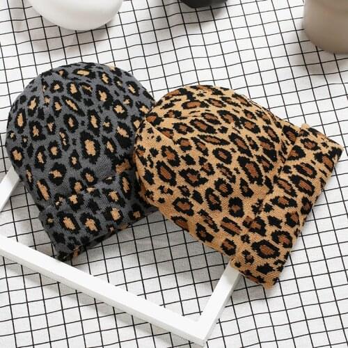 Korean Winter Leopard Printed Knitting Hat 2021 Autumn and Winter New Crochet Warm Hat Skullies Unisex Caps