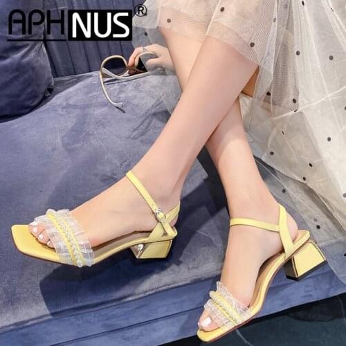 APHNUS Womens Sandals Beading Rhinestone Pleated Rough thick Low Mid Heels Pumps Woman 2020 Shoes For Women New