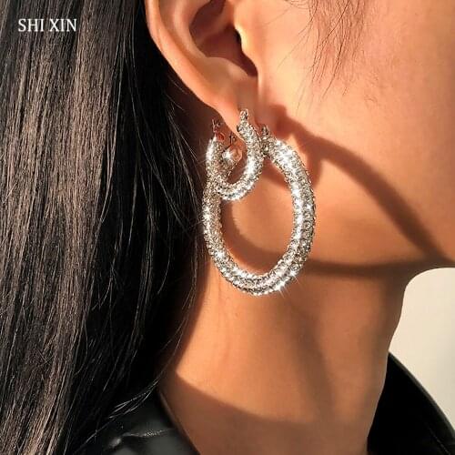 SHIXIN Iced Out Full Rhinestones Thick Hoop Earrings for Women Fashion Big Crystal Round Earrings Jewrlry Large Circle Earrings