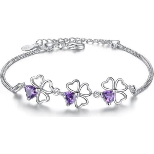 KOFSAC Charm Purple Zircon Cute Clover Bangle 925 Sterling Silver Bracelets For Women Fashion Jewelry Girl Valentines Day Gifts
