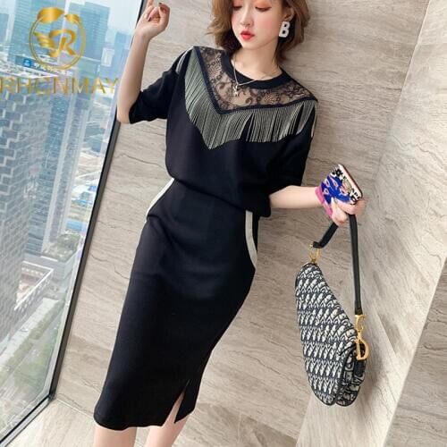 New 2020 Summer Womens 2 PCS Set Fashion Tassel Lace Patchwork Shirt + Knee Pencil pocket Skirt OL Suits