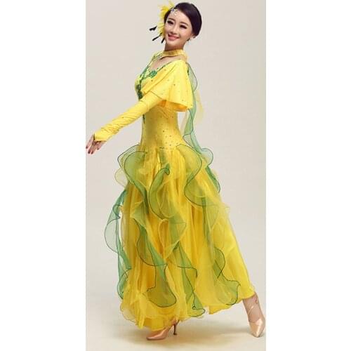 Removable Short/Long Sleeve Adult Ladies Standard Ballroom Dance Costume Hot Pink/White/Yellow Color Modern Dress 6 Sizes A0095