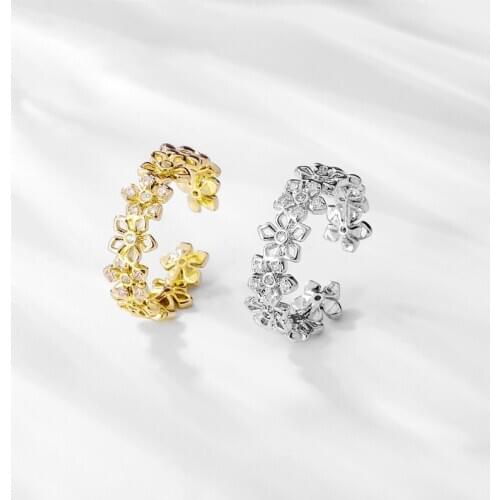 Fashion Cubic Zirconia Cute Cluster Flower Open Rings Pave Crystal Plant Vintage Adjustable Open Rings For Women Jewelry