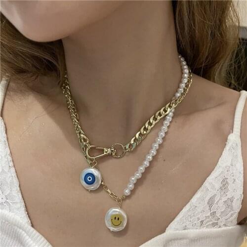 Origin Summer Vintage Demon Eye Simulation Pearl Pendant Necklace for Women Exaggerated Smile Face Chunky Chain Necklace Jewelry