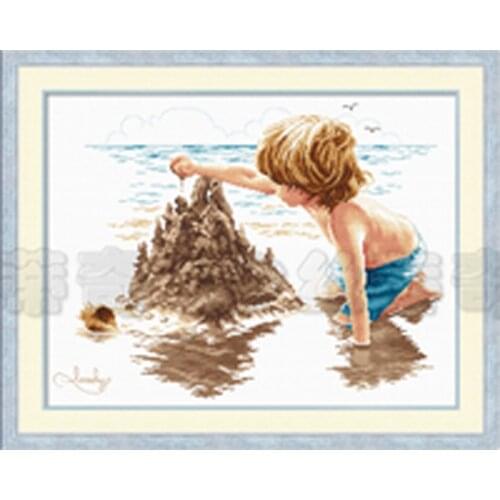 Gold Collection Beautiful Counted Cross Stitch Kit Sandcastle Boy Child at Seaside Sand Shore dome