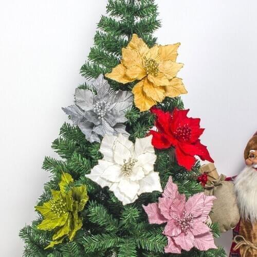 1pcs Xmats Flower Head Glitter Artificial Silk Flower Christmas Tree Ornament DIY Christmas Decor New Year Decor Navidad 2020