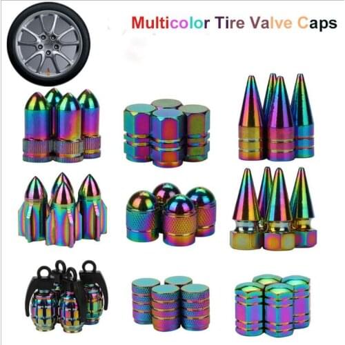 100pcs/lot rainbow Neo-Chrome Wheel Tyre Valve Metal Dust Caps Grenade Rocket Cup Spike for Car Bike Motorcycle BMX Aluminum cap