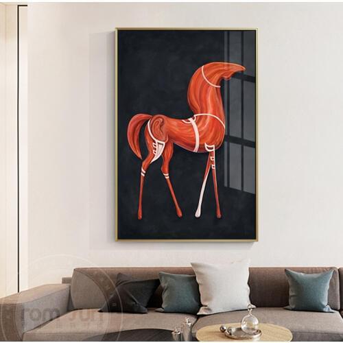 Abstract Cute Animal Decor Nordic Dog Horse Canvas Painting Orange and Black Wall Art Modern Poster Print for Living Room Lobby