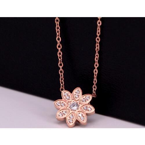 Stainless Steel Love Full Crystal CZ Zircon Sun Flower Pendant Necklaces Rose Gold Color Women Female Lady Party Gift