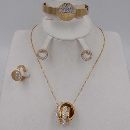 Dubai Gold Color Crystal Necklace Earring Bracelet Ring Set Rhinestone New Simple Party Dress Jewelry Sets For Women
