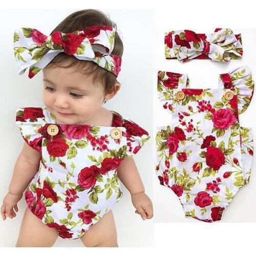 Cotton floral Fashion Newborn Baby Girl Clothes Flower Jumpsuit Romper cute Body Headband Outfits