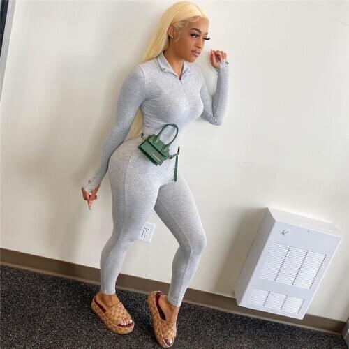 Sexy Long Sleeve Turtleneck Jumpsuit Women Sportswear Zip Up Skinny Fitness Rompers Female Ribbed Jumpsuit Plus Size S-3XL