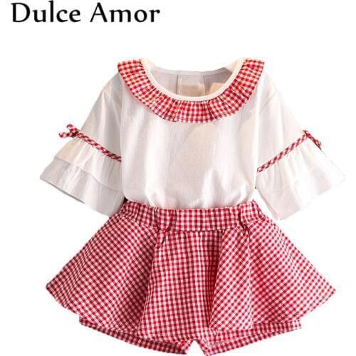 Dulce Amor Girls Clothing Sets Suits Cotton Tracksuit for Girls Flare Sleeve Blouse+Plaid Skirt Pants Set Children Clothing