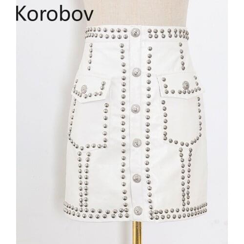 Korobov Korea Heavy Work Rivet Patchwork White Skirt Women High Waist Hip Pocket Design Straight Jupe Femme Summer 2020 New
