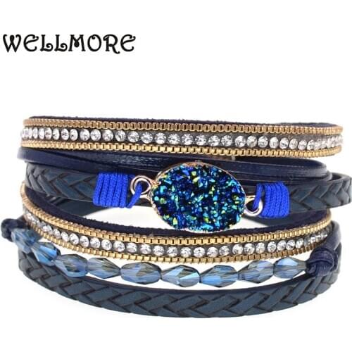 WELLMORE leather bracelets for women beaded crystal bracelets magnet Bracelets & Bangles Female fashion jewelry wholesale