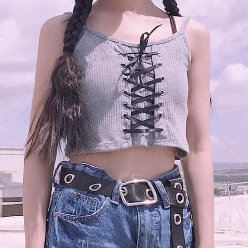 Women Drawstring Sexy Crop Tops Spaghetti Straps Knitting Camisole Female Solid Crop Top Feminino Tops For Women Summer