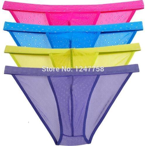 4Pcs/Lot Mens Sheer Jacquard Lace Bikinis Pants Underwear Mesh Belt Open Side Mini Briefs