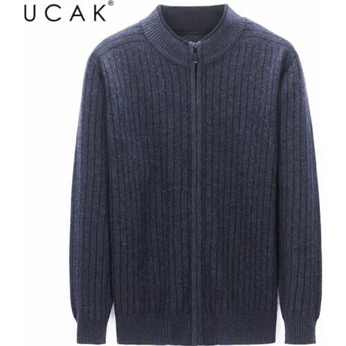 UCAK Brand Pure Merino Wool Solid Color SweatercoatS Men Clothing New Arrivals Streetwear Zipper Sweatercoat Pull Homme U3196