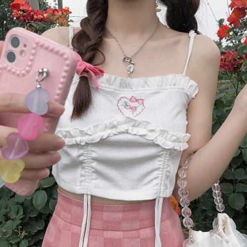 Soft Girl Lolita Vest Japanese Summer Vintage Elegant White Short Tank Tops Sweet Kawaii Cute Sleeveless Camisole Sling Tshirt