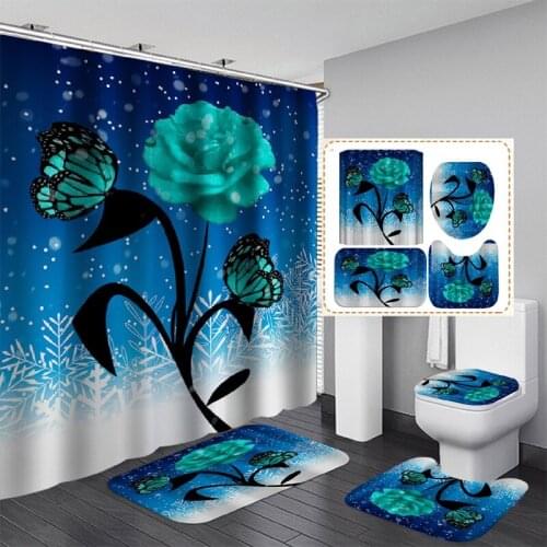 3D Bright Rose Butterfly Snowflake Pattern Bathroom Set Shower Curtain Non-slip Cushion Toilet Cushion U-shaped Cushion