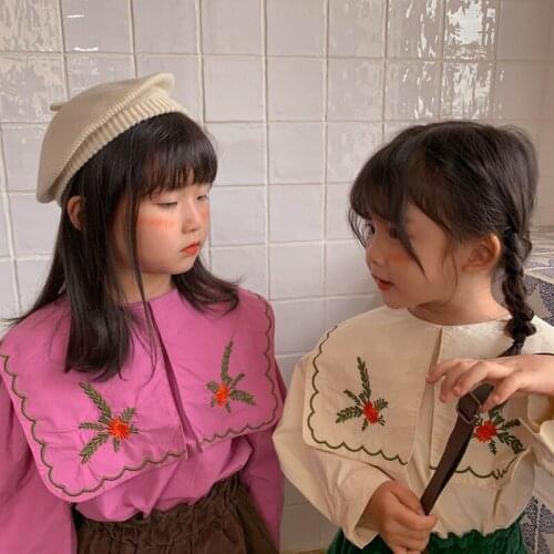 2021 Autumn New Kids Long Sleeve Blouse Korean Toddler Girls Big Lapel Embroidery Shirts Baby Fashion Cotton Tops Girls Blouses