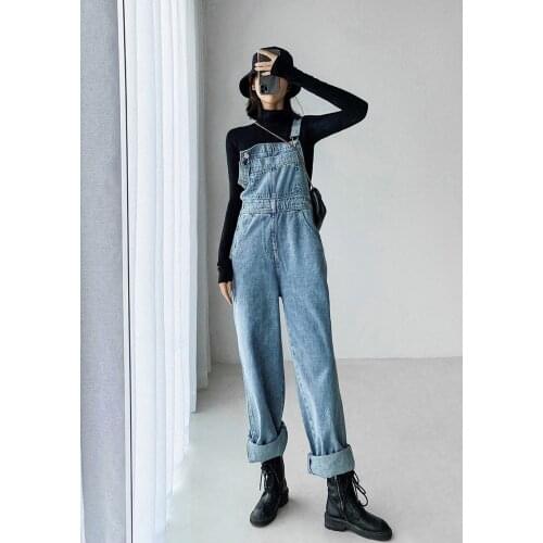 Spring and autumn new style casual style solid color adjustable denim bib women, slim and thin wide-leg cotton bib jeans women