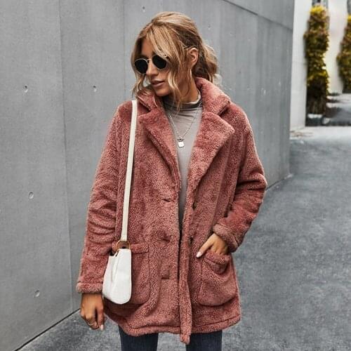 2020 Winter Turn-down Collar Faux Fur Coat Women Casual Breasted Loose Warm Teddy Coats Jacket Woman Fashion Jackets Outwear