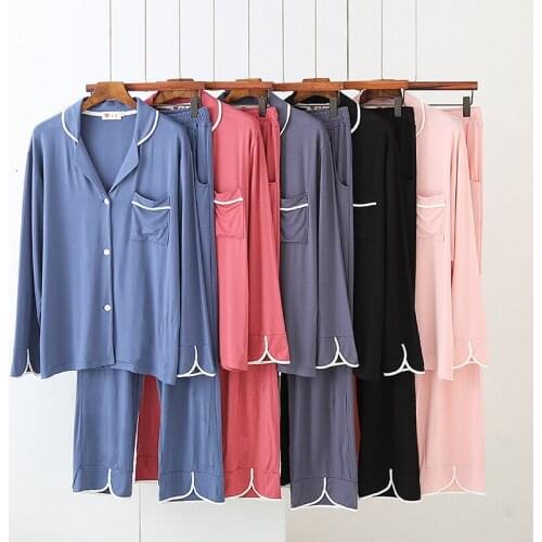 Modal Pajamas Womens Casual Set Small Lapel Cardigan Sleepwear Underwear Solid Color Soft Comfortable Home Clothes Nightgown