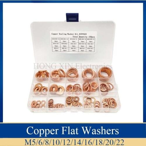 150PCs Solid Copper Washers Sump Plug Assorted Washer Set Plastic Box 15 Sizes Great Electrical And Thermal Conductivity