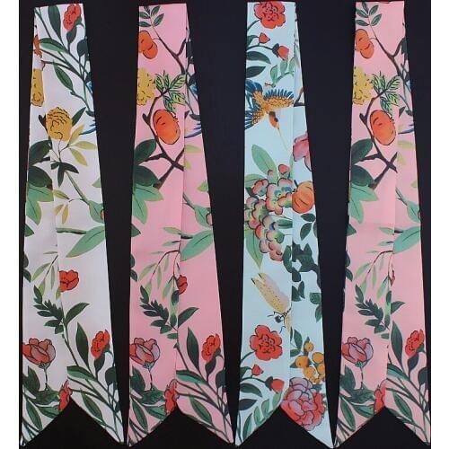 Luxury Brand Flower Twill Silk Small Women Fashion Scarf Hair Bags Handle Flowers birds Tie Multifunction Hand Ribbon Scarf M322