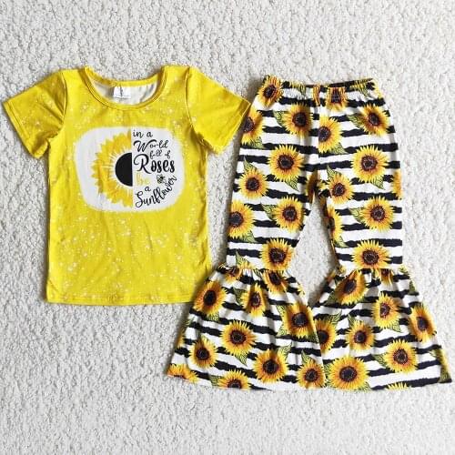 RTS Wholesale Kids Designer Clothes Girls Fall Outfits Toddler Baby Girls Clothing Sunflower Fashion Boutique Bell Bottom Pants