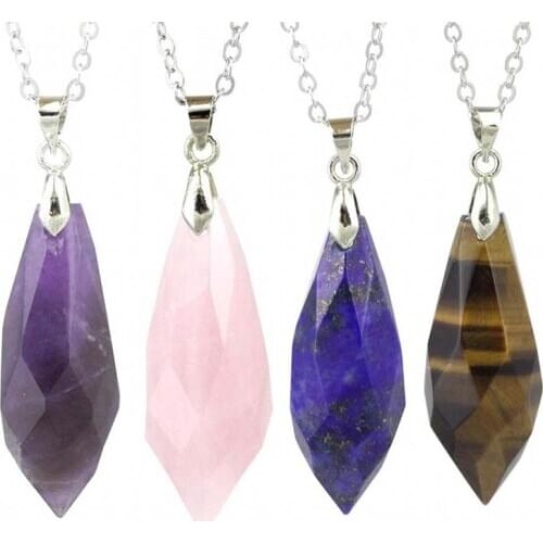 KFT Silver Color Natural Stone Pendant Necklaces Melon Seeds Faceted Stones Pendants Chain Necklaces For Women Men Jewelry