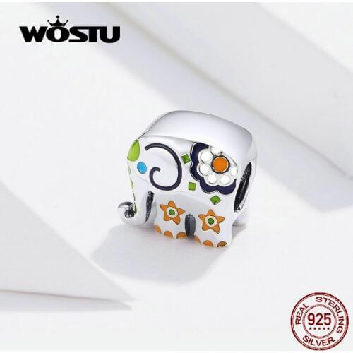 WOSTU 925 Sterling Silver Colorful Happy Elephant Beads Enamel Charms Fit Original Bracelet Pendant Fashion Jewelry Gift FNC095