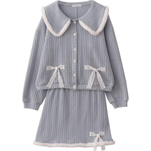 Vintage Cable Knit Cardigan Sweater Women Winter Lolita Sweet Coat Skirt Outfit Plush Collar Kawaii Button-down Two Piece Sets