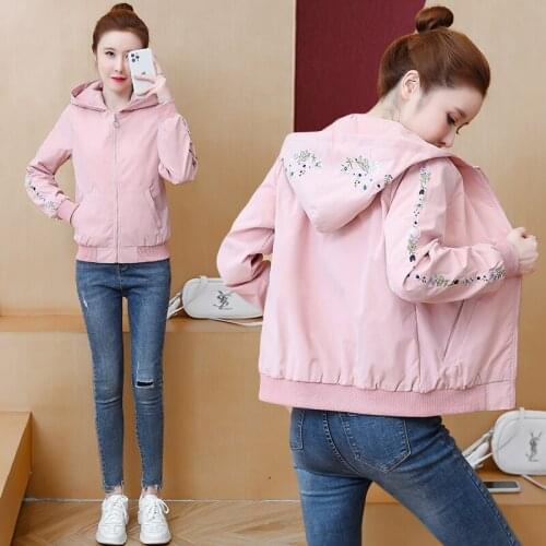 Spring Black Short Coat Women Hooded Embroidery Floral Casual Thin Zipper Baseball Jacket Ladies Loose Outerwear Female H1336