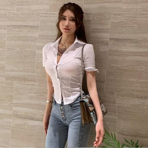 2021 Summer Fashion Sexy Women Short Sleeve Button Blouses Casual White Tight Office Lady Business Shirts Turn-Down Collar Tops